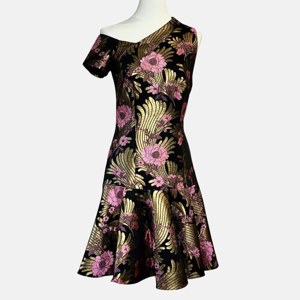 Josie Natori Floral Jacquard Dress Off Shoulder Black Gold Pink Fit Flare Size 4